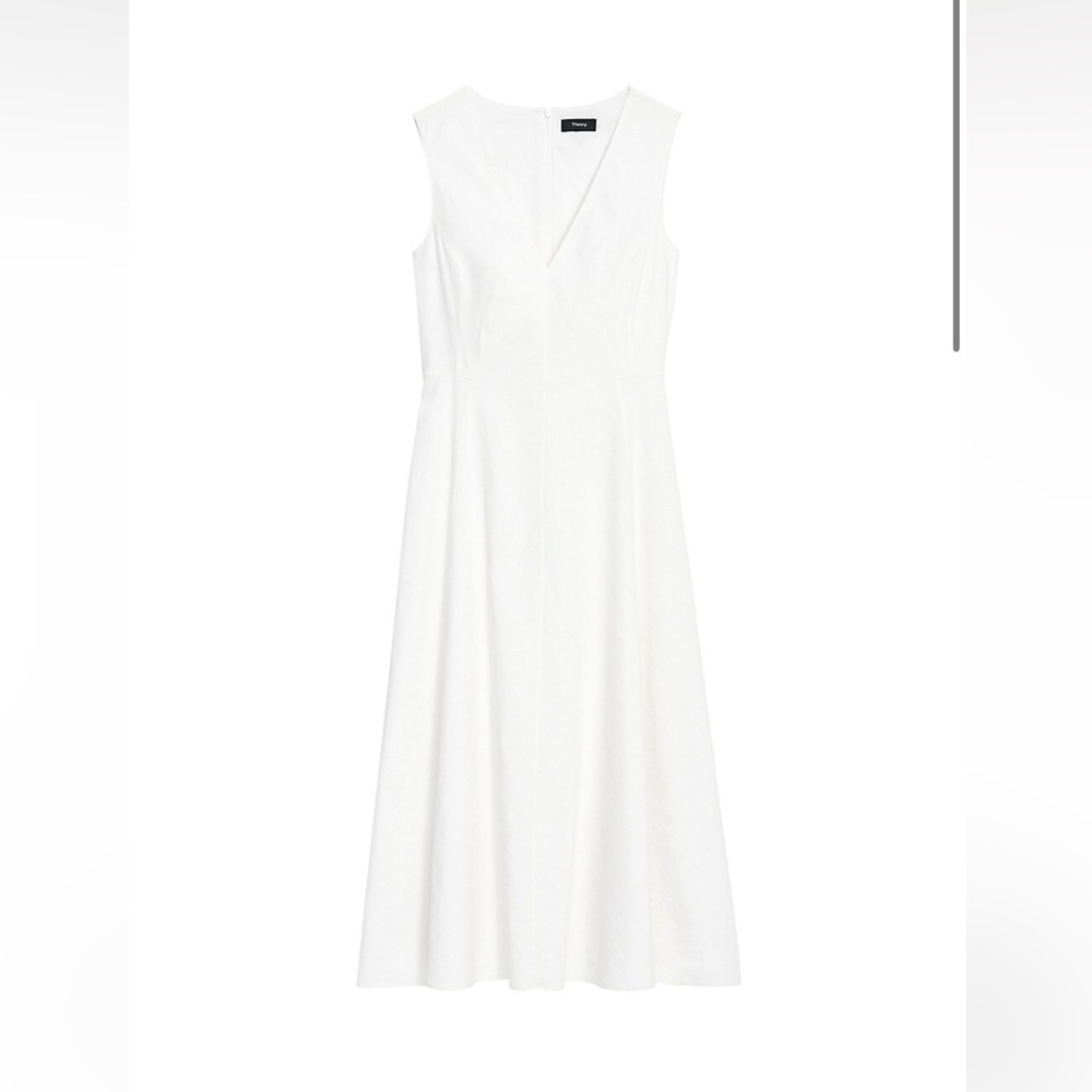Theory White Kalsington Linen Blend V-Neck Sleeveless Lined Dress